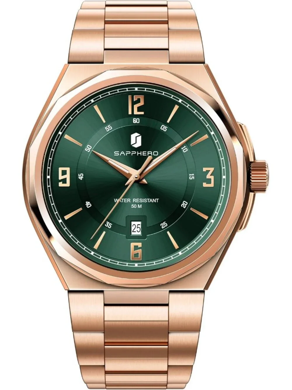 Men's Rose Gold/Green Numeral Dial Stainless Steel Strap Analog Quartz Watch